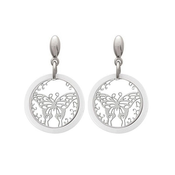 Boucles d'oreilles acier et céramique blanc papillon