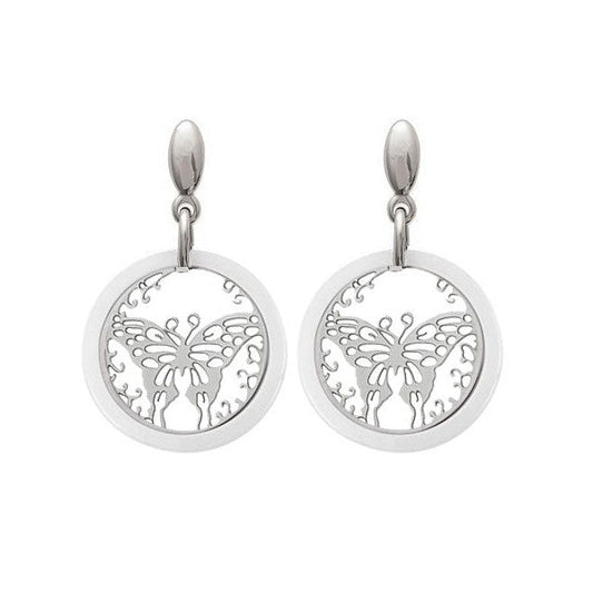 Boucles d'oreilles acier et céramique blanc papillon