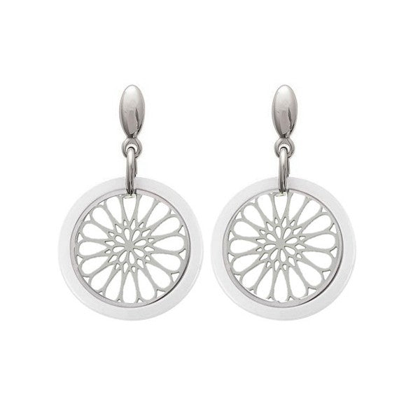 Boucles d'oreilles acier et céramique blanc rosace