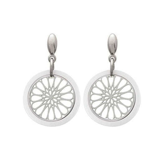 Boucles d'oreilles acier et céramique blanc rosace