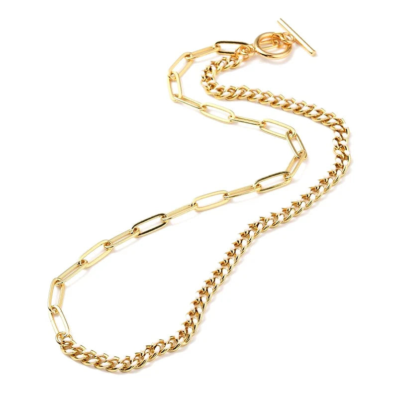 Collier chaîne trombone et gourmette émaillé blanc plaqué 18K