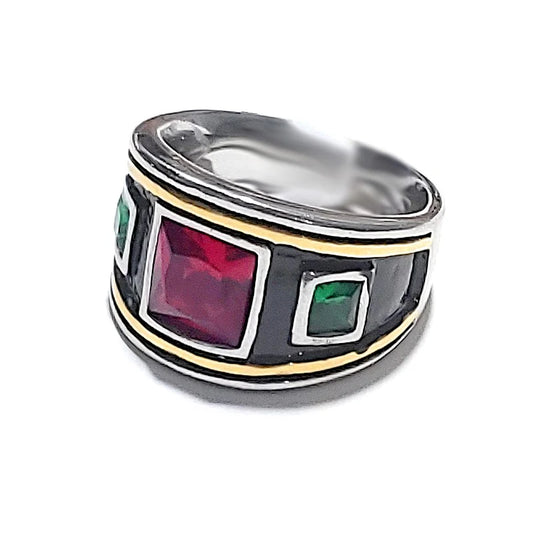 Bague acier inoxydable chevalière argentée rouge et verte